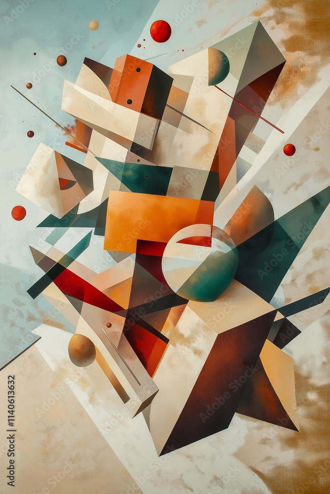 Poster rust-hued geometric forms intersect with teal-toned shapes, highlighted by floating spheres in warm 
