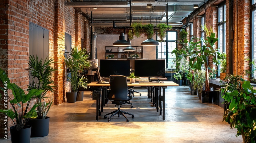 Poster modern workplace with ai driven systems and digital solutions in a bright green environment