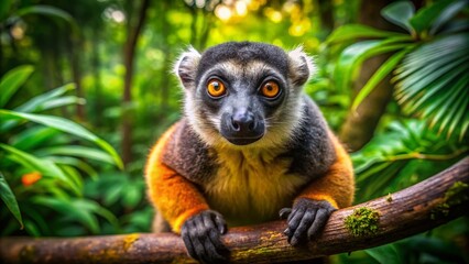 Fototapeta premium Panoramic Lemur Portrait: Yellow-Nosed Primate on Branch, Wildlife Photography, Madagascar Animal