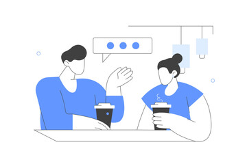 People Characters Sitting Together at Table in Modern Loft Style Coffee Shop and Drinking Coffee. Woman and Man Meeting and Talking in Coffeehouse or Cafe. Flat Cartoon Vector Illustration, icon