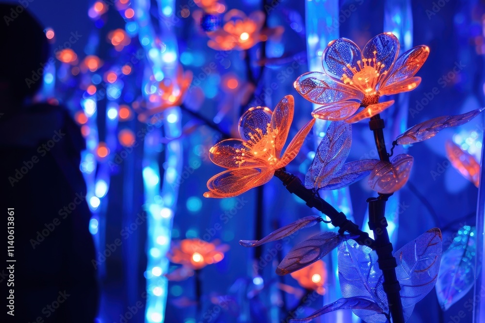 Poster colorful lights hanging from branches illuminate an outdoor setting during twilight in a festive atm