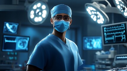 A determined surgeon in blue scrubs and a mask, standing beside a surgical table, bright operating room with sterile tools and high-tech monitors surrounding them,