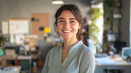 Fototapeta premium A young woman with brown hair pulled back into a ponytail is standing in an office setting.