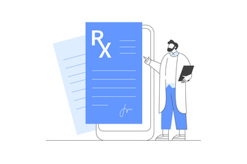 Doctor online on smartphone writing digital medical prescription. E-health concept. Online RX Medical Prescription and medic check up. Flat Cartoon Vector Illustration, icon. Stylish abstract Blue 