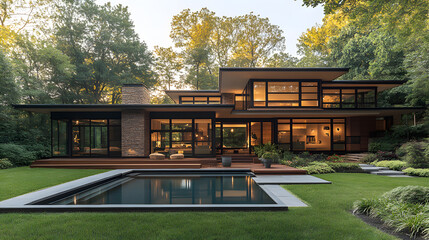 Fototapeta premium Photography showcasing a contemporary home with sharp geometric lines, large floor-to-ceiling windows overlooking a well-manicured lawn, and a sleek infinity pool surrounded by wooden decking.