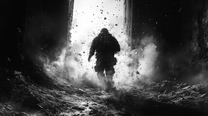 Obraz premium Soldier escaping exploding cave in black and white
