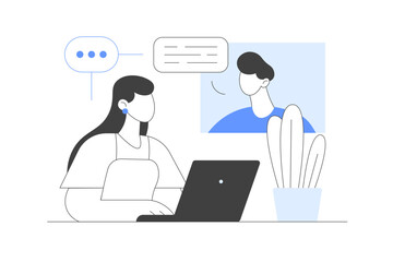 Woman Working at Home Office. Character Cozy Room, Looking at Computer Screen and Talking with Colleagues Online. Home Office. Flat Cartoon Vector Illustration, icon. Stylish abstract Blue 