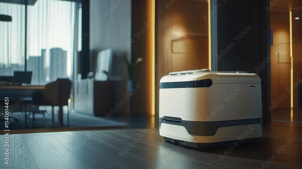 Poster robot assisting with business tasks in modern office environment featuring advanced technology
