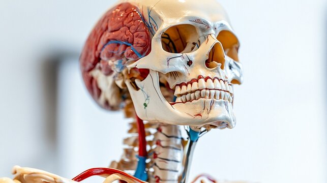 Anatomical model of a human skull with brain and neck details, highlighting skeletal structure used in medical education, anatomy studies, and health science demonstrations.
