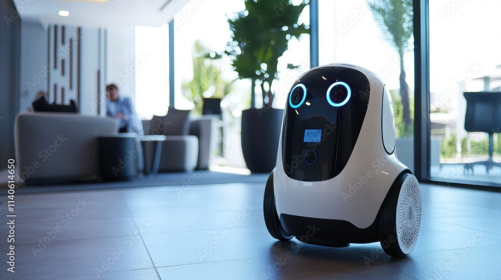 Poster Robotic Assistant in Modern Office Environment Performing Various Tasks with High-Tech Functionality