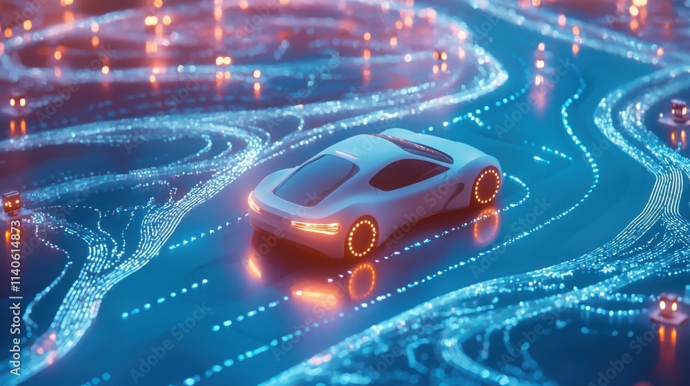 Poster futuristic self-driving car on a high-tech iot network road with bright patterns and dynamic lightin