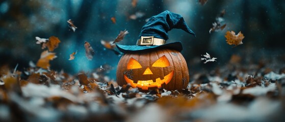 Naklejka premium a jack-o-lantern with a witch's hat sits on fallen leaves.