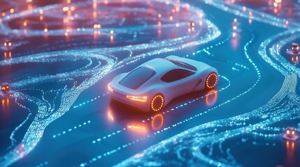 Futuristic Self-Driving Car on a High-Tech IoT Network Road with Bright Patterns and Dynamic Lighting Effects