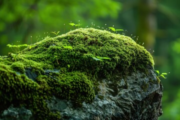 Green moss covering a rocky surface in a lush forest during daylight, showcasing nature's vibrant textures and details