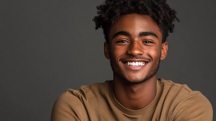 Obraz premium A young man with dark skin and curly hair smiles at the camera while wearing a brown shirt.