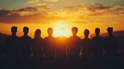 Silhouettes of people watching a sunset together