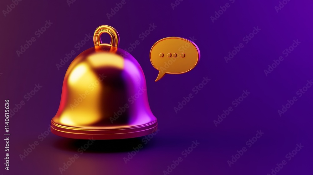 Poster golden notification bell with speech bubble showing new message