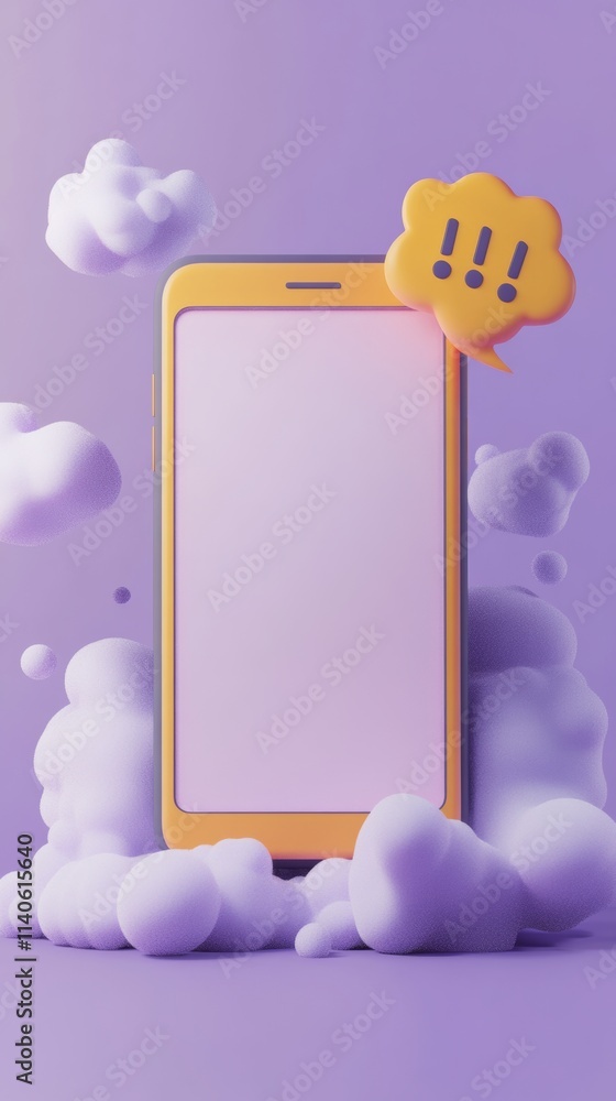 Poster smartphone showing empty screen with notification icon surrounded by clouds on purple background