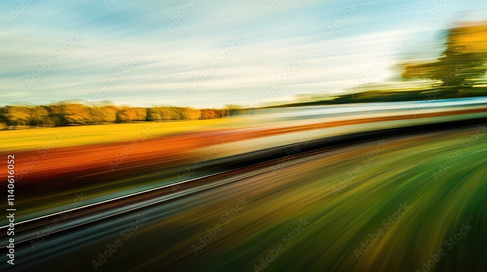 Poster a high-speed train racing along tracks, with motion blur emphasizing its swift movement through a vi