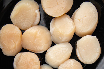 Raw sea scallop seafood fresh tasty food dish delicious gourmet food background on the table rustic food top view copy space keto and paleo diet vegetarian  food pescetarian diet