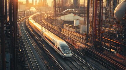 A high-speed train passing through an industrial zone, with factories and warehouses lining the track