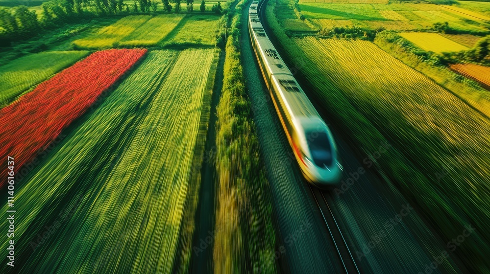 Poster a high-speed train racing along tracks, with motion blur emphasizing its swift movement through a vi