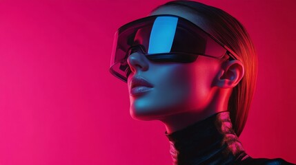 Side profile portrait of a woman in pink lighting wearing oversized sunglasses