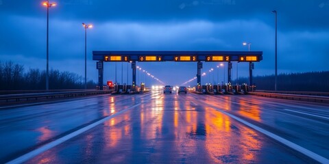 Wet highway toll plaza at twilight, cars passing under gantry.