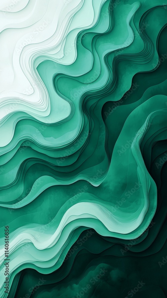 Poster flowing waves of green hues blend seamlessly, creating a tranquil and dynamic abstract composition t