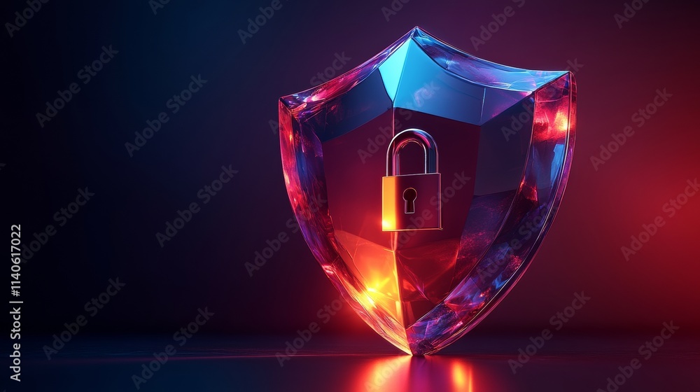 Poster glowing shield protecting data with padlock in digital world