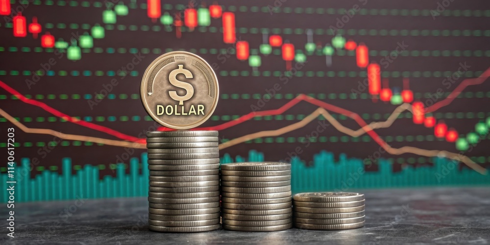 Poster a stack of coins with a dollar coin on top, set against a backdrop of financial charts and graphs de