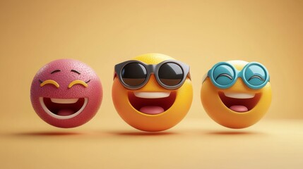 Group of smiley face balls wearing sunglasses on an orange background