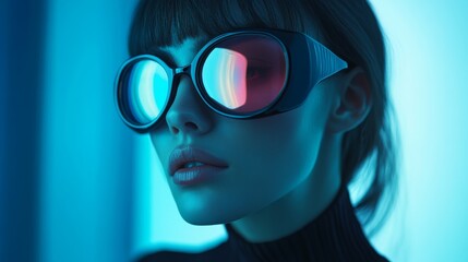 Futuristic portrait of a woman wearing sleek glasses in blue lighting