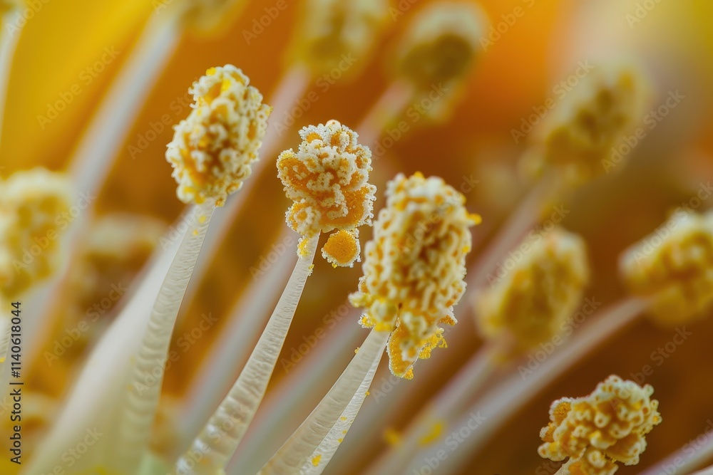 Poster close-up view of yellow stamen structures with fine details highlighted in warm colors during daytim