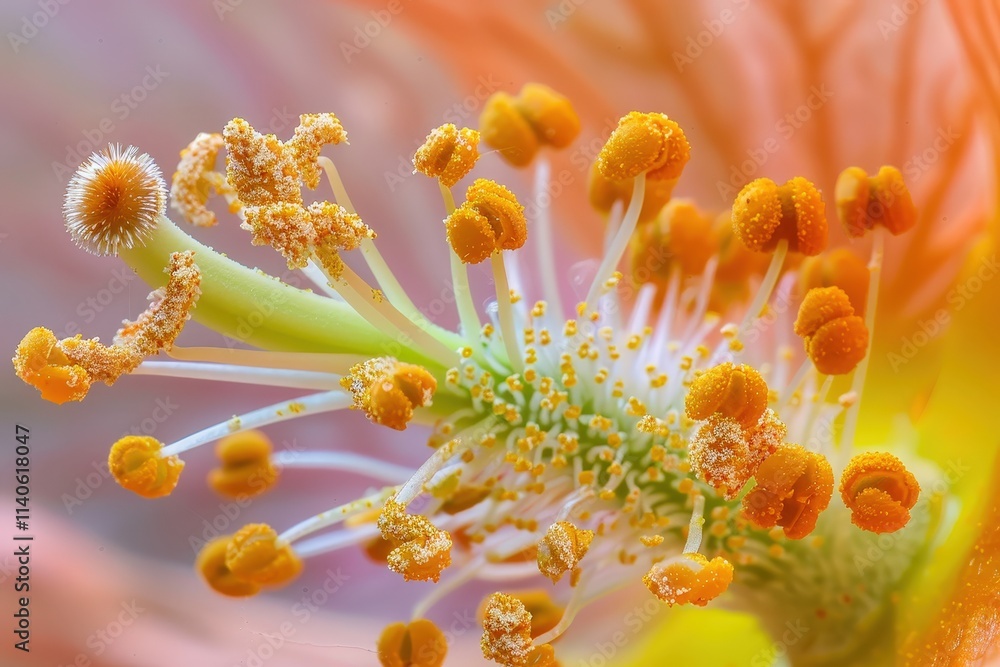 Poster close-up view of yellow stamen structures with fine details highlighted in warm colors during daytim