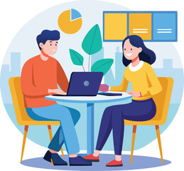 Partners meeting for business discussion with documents and laptop on desk. Couple at round table, speaking, discussing work, partnership. Flat vector on a white background
