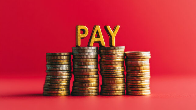 The image features stacks of coins with the word "PAY" prominently displayed in yellow against a red background.