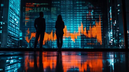 Business Professionals Examining Stock Market Data on a Large Screen.