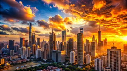 Obraz premium Panoramic Sunset Cityscape: Golden Hour City Panorama, Breathtaking Urban Sunset Views