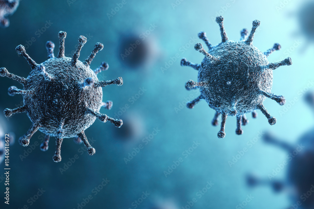 Poster a close-up illustration of virus particles, showcasing their complex structure and surface features 