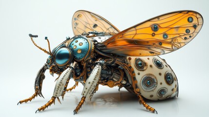 Mechanical insect spreading its wings on white background