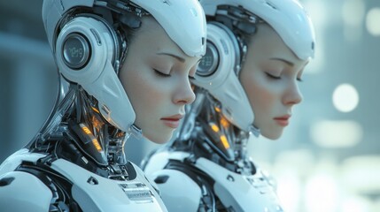 Humanoid robots standing in futuristic assembly line