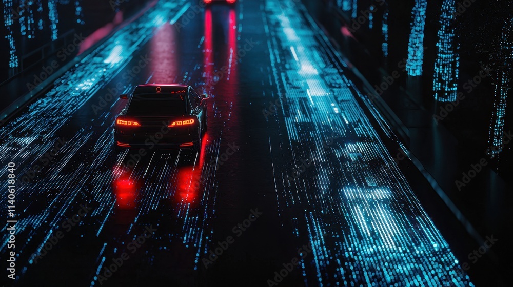 Poster autonomous vehicle using machine learning in a futuristic city environment surrounded by digital ele