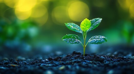 Small green plant sprouting in soil with glowing light
