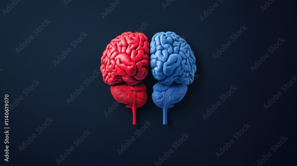 Poster a stylized representation of a brain, split into red and blue halves, symbolizing the balance of cre