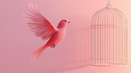 Obraz premium A bird that has flown out of its cage. freedom. pastel solid background. a bird and cage are on the right of the picture.