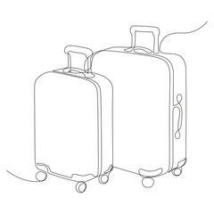 Two suitcases vector illustration. Travel suitcase in continuous line drawing style. Luggage valise with wheels and retractable handle line minimalist sketch. Travel concept. 