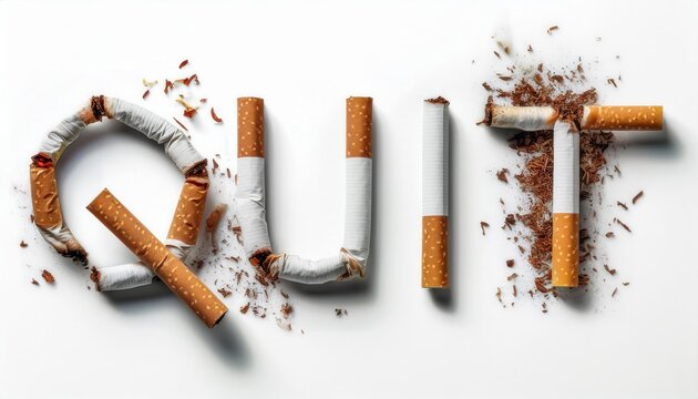 Broken Cigarette Art Spelling 'QUIT' Symbolizing Smoking Cessation, Tobacco Free Lifestyle, Anti Smoking Campaign, Health Awareness, Addiction Recovery, and Motivation to Stop Smoking for a Healthier  - Powered by Adobe