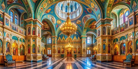 Obraz premium Panoramic Valaam Monastery Transfiguration Cathedral Upper Hall Iconostasis - Stunning High-Resolution Image