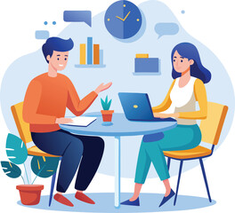 Partners meeting for business discussion with documents and laptop on desk. Couple at round table, speaking, discussing work, partnership. Flat vector on a white background